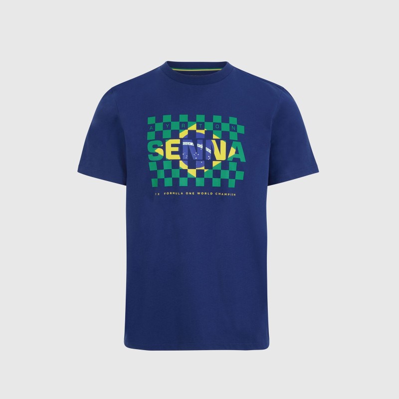 Camiseta Ayrton Senna azul con bandera